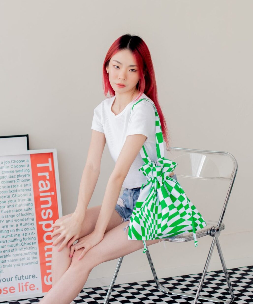 Check Distort Green Bucket Bag